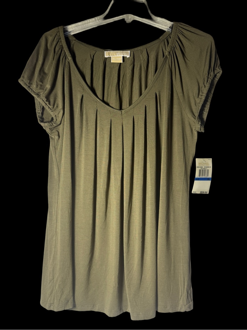 Michael Kors Olive Green Pleated V-Neck Short Sleeve Top
